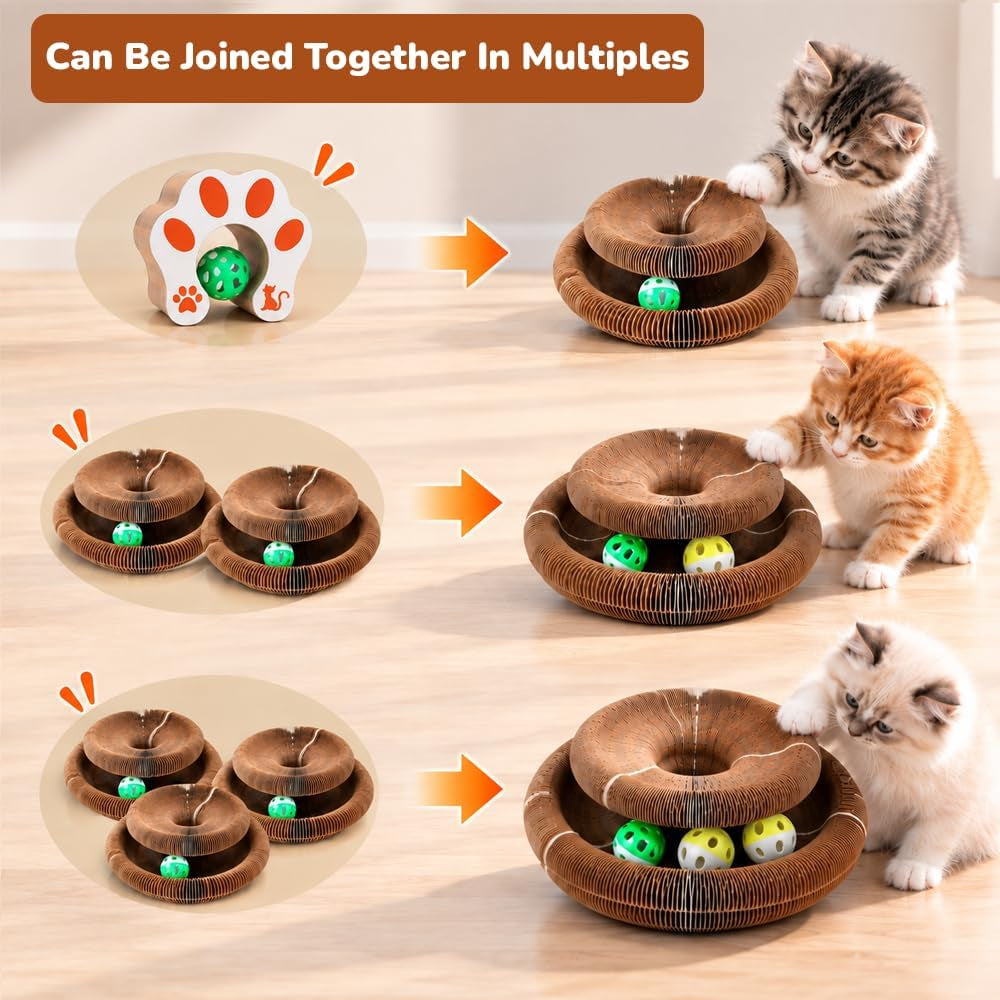 Kitty Kurlzz Cat Toy - Magic Organ Accordion Scratcher with Ball Track, Foldable Honeycomb Cardboard Scratching Board, Reversible Interactive Toy for Indoor Cats - Magic Cat Scratch Board (Cat Face)