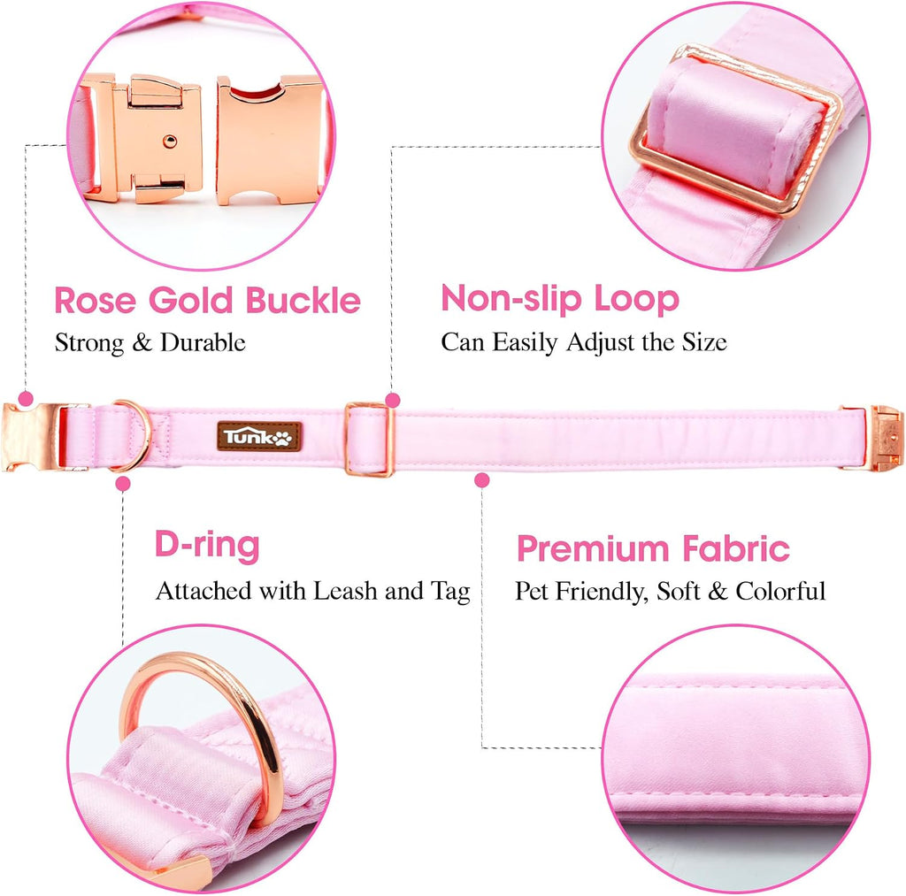 Pink Silk Dog Collar - Super Soft Fabric, Ideal Gift for Girl Dogs, Elegant Rose Gold Buckle Adjustable Small Medium Large Sizes - Pet Fashion Accessory, XL