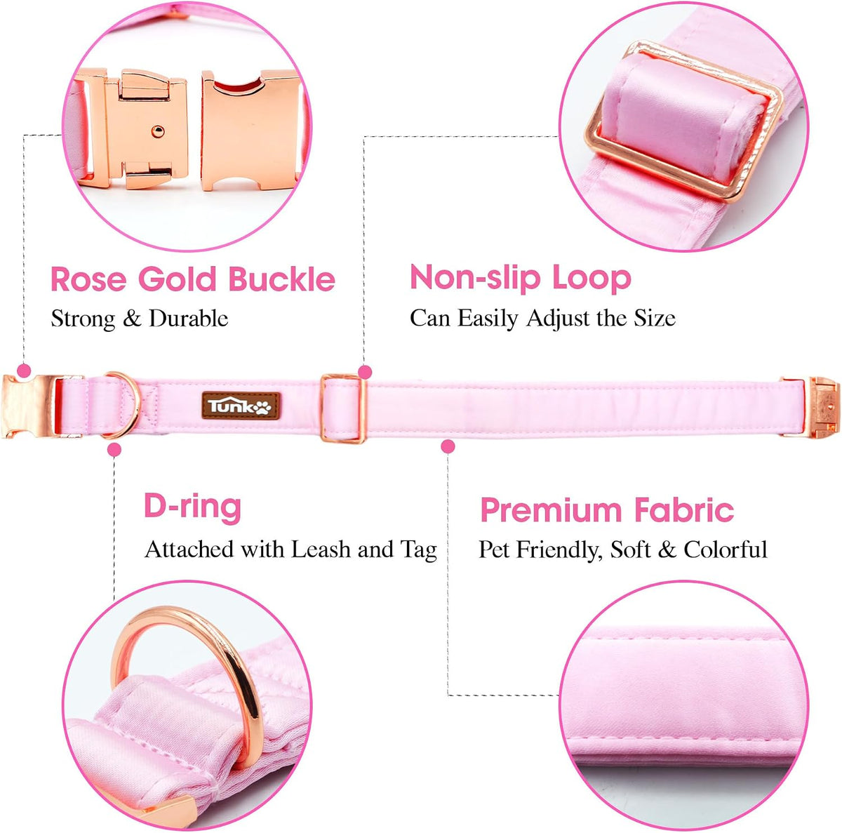 Pink Silk Dog Collar - Super Soft Fabric, Ideal Gift for Girl Dogs, Elegant Rose Gold Buckle Adjustable Small Medium Large Sizes - Pet Fashion Accessory, XL
