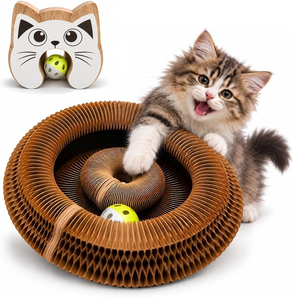 Kitty Kurlzz Cat Toy - Magic Organ Accordion Scratcher with Ball Track, Foldable Honeycomb Cardboard Scratching Board, Reversible Interactive Toy for Indoor Cats - Magic Cat Scratch Board (Cat Face)