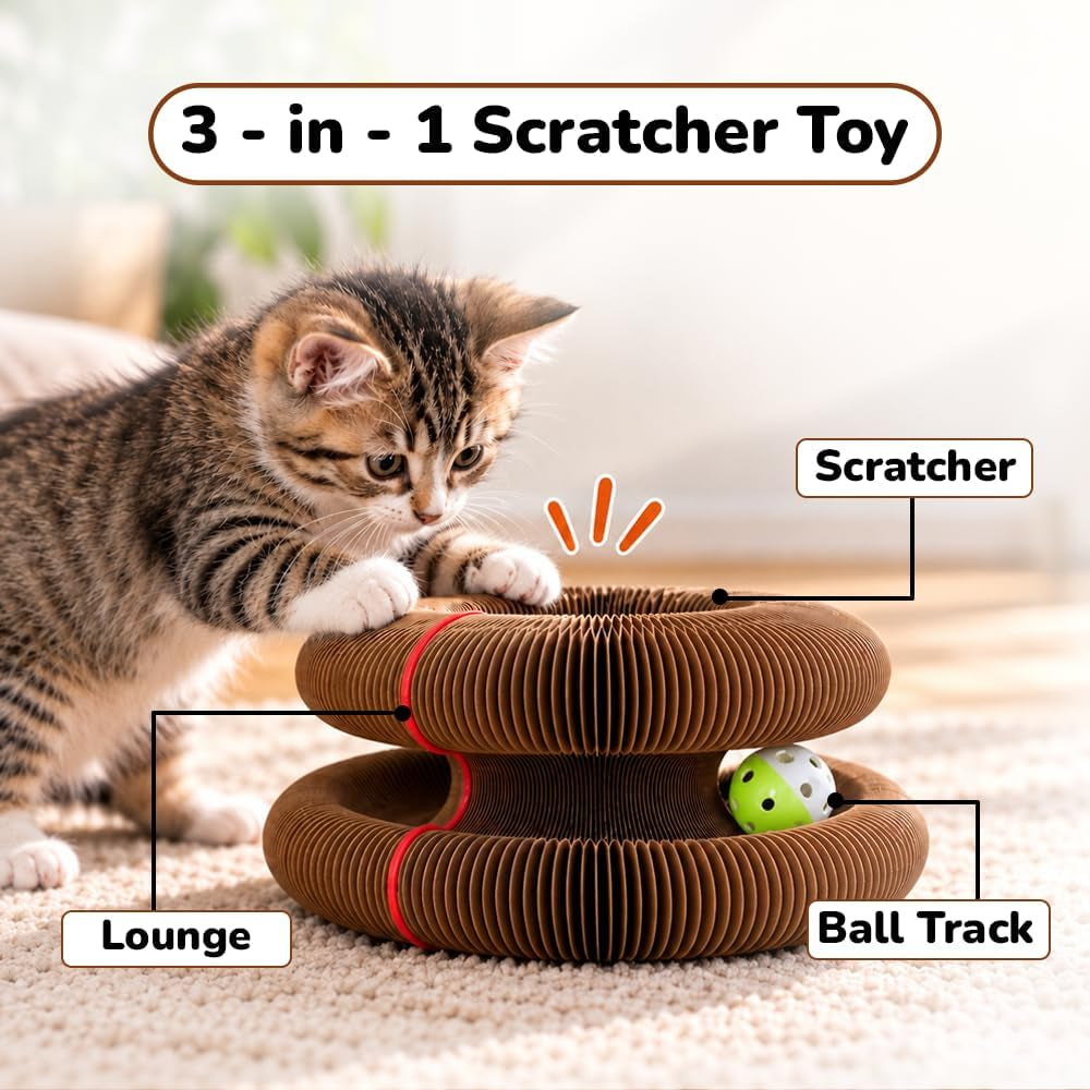 Kitty Kurlzz Cat Toy - Magic Organ Accordion Scratcher with Ball Track, Foldable Honeycomb Cardboard Scratching Board, Reversible Interactive Toy for Indoor Cats - Magic Cat Scratch Board (Cat Face)
